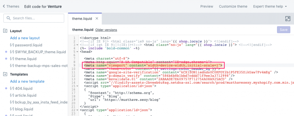 viewport på Shopify er placeret under theme.liquid filen